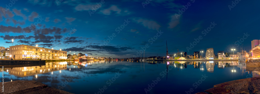 Panorama at the blue hour, on the basin afloat of Bordeaux
