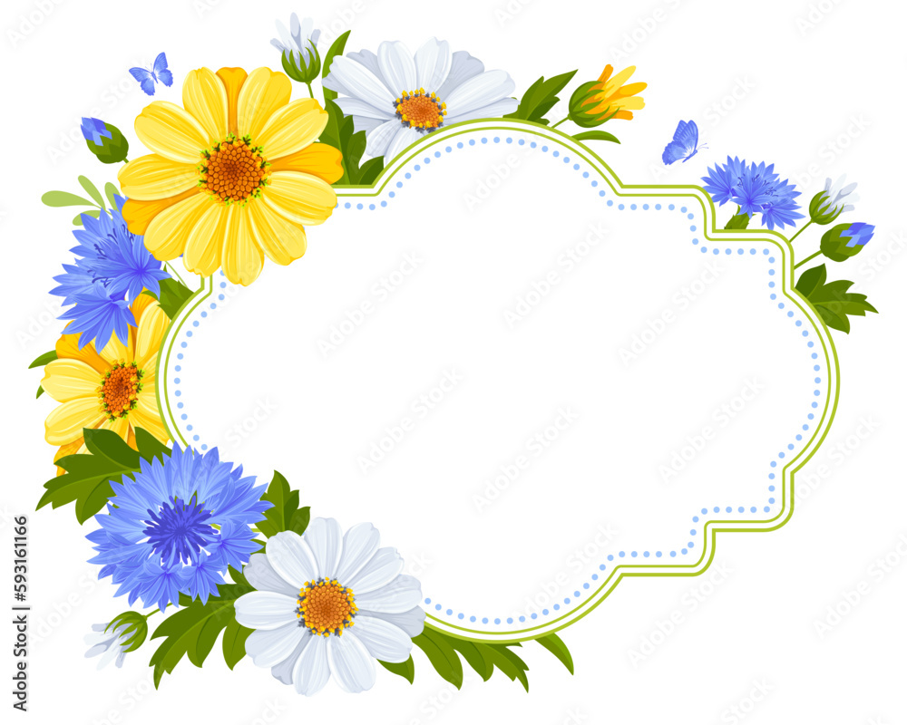 Cute greeting card, label or banner template with wildflowers. White and yellow daisy flowers, blue cornflowers, leaves and buds isolated on a white background. Vector botanical illustration Cute greeting card, label or banner template with wildflowers. White and yellow daisy flowers, blue cornflowers, leaves and buds isolated on a white background. Vector botanical illustration