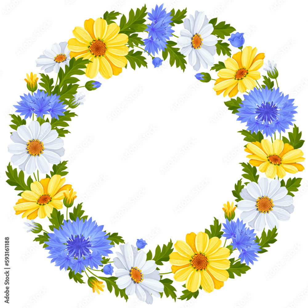 Obraz premium Circle frame with pattern of blue cornflowers, yellow and white daisy flowers, leaves and buds isolated on a white background. Cute floral botanical round decoration, wreath. Vector illustration
