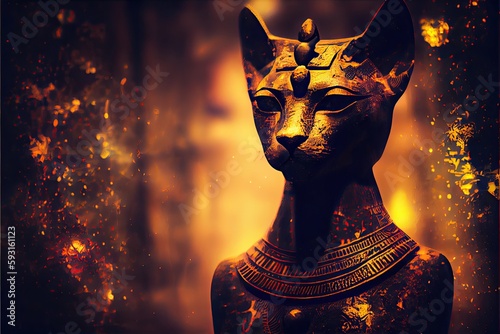 Bastet, half woman half cat goddess of ancient Egypt, mystic egyptian background, ai based photo