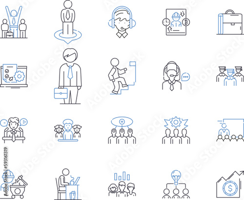 Employee development outline icons collection. Employee, Development, Training, Coaching, Learning, Management, Growth vector and illustration concept set. Motivation, Performance, Skills linear signs