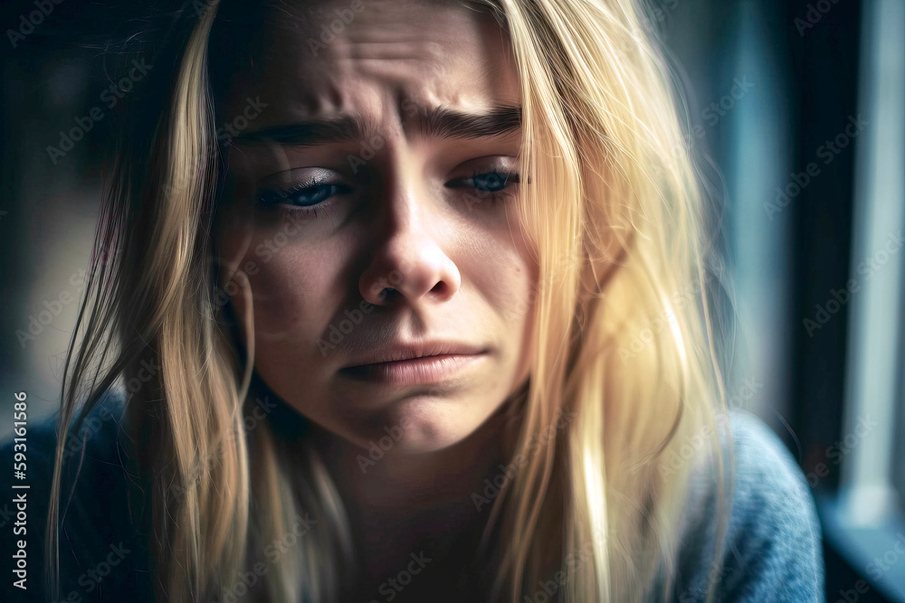 Depressed blonde girl looking down sadly with frown, made with generative ai Depressed blonde girl looking down sadly with frown, made with generative ai