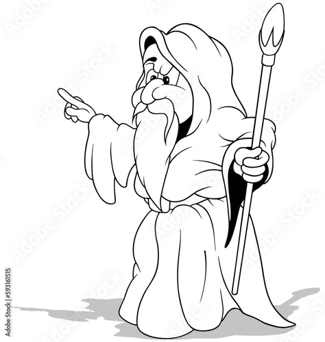 Drawing of a Wizard in a Robe Holding a Magic Staff