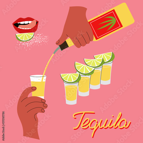Hands pour tequila into shots, lips lick lime. Vector illustration on pink background