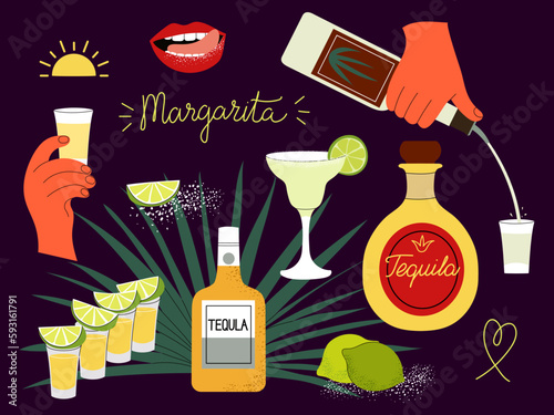 Big set of tequila party with bottles of tequila, shots with salt and lime, Margarita cocktail, blue agave, hands and lips. Vector hand drawn illustration