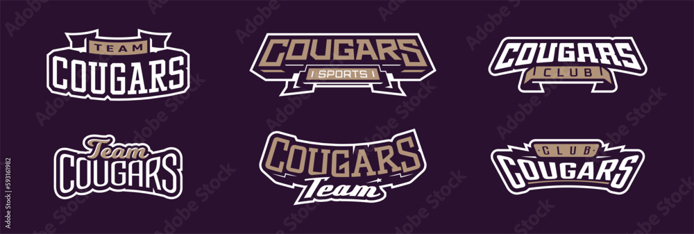 Obraz premium A set of bold fonts for cougar mascot logo. Collection of text style lettering for esports, mascot logo, sports team, college club logo. Font on ribbon. Vector illustration isolated on background