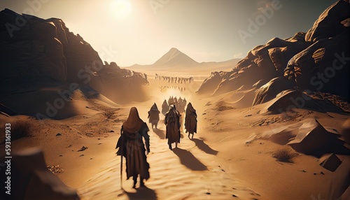 Fotografiet Exodus of bible, Moses crossing desert leading Israelites, escape from Egyptians
