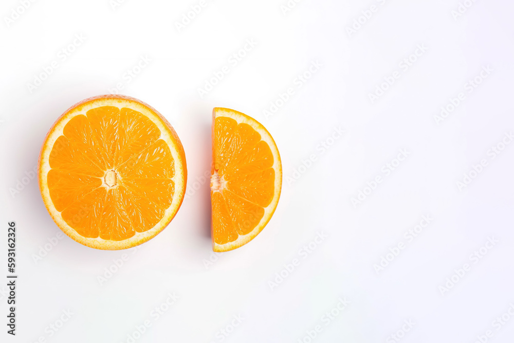Top view of fresh sliced oranges isolated on white background with copy space. Created with Generative AI Technology Top view of fresh sliced oranges isolated on white background with copy space. Created with Generative AI Technology