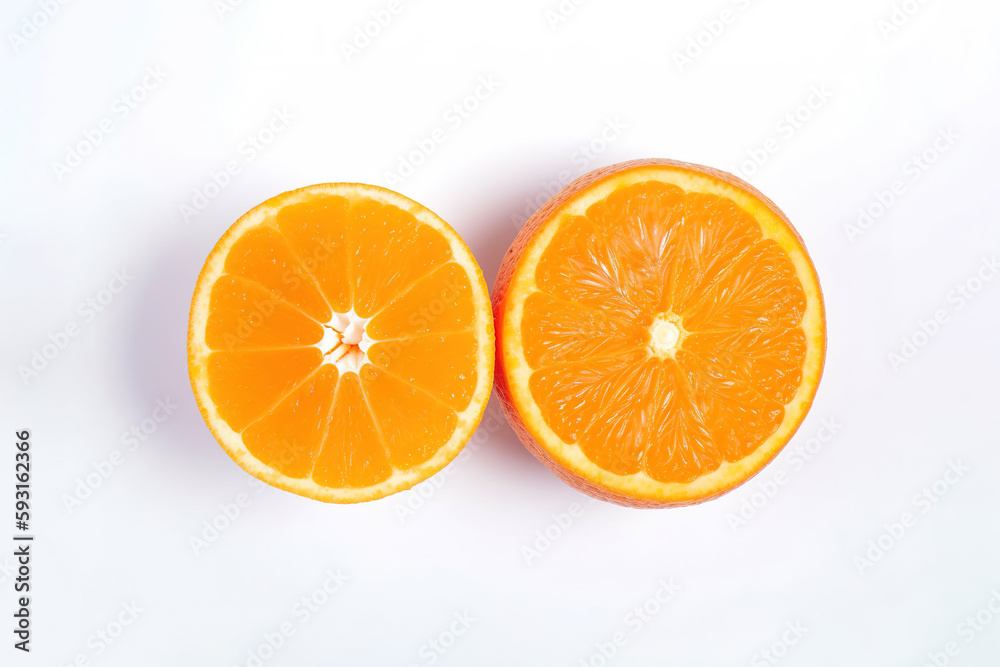 Top view of fresh sliced oranges isolated on white background. Created with Generative AI Technology Top view of fresh sliced oranges isolated on white background. Created with Generative AI Technology