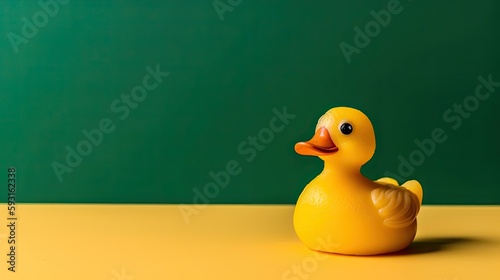 Yellow rubber duck on a yellow and green background with copy space. Generative ai bath ducky banner