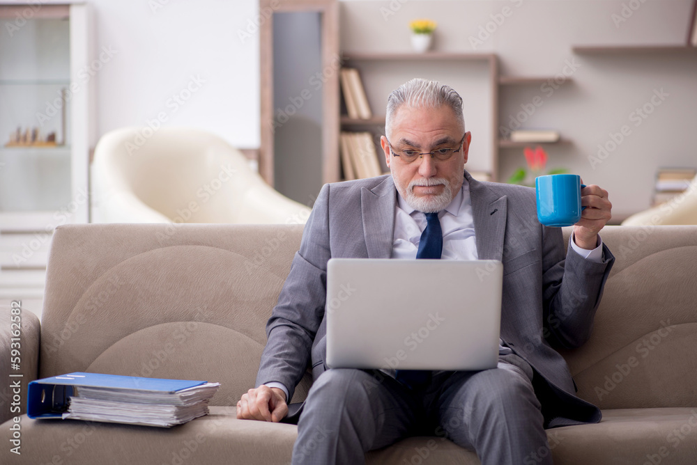 Old male boss working from home during pandemic Old male boss working from home during pandemic
