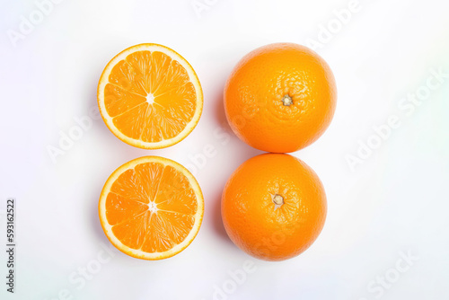 Top view of fresh whole and sliced oranges isolated on white background. Created with Generative AI Technology