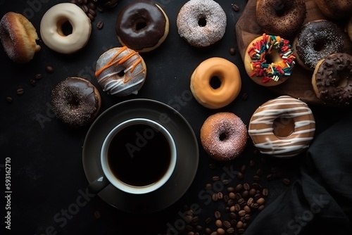  a cup of coffee and a variety of donuts on a black surface with coffee beans and coffee beans scattered around the donuts on the table.  generative ai