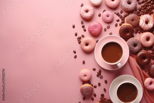  a pink table topped with a cup of coffee next to donuts and other donuts on a pink surface with coffee beans and coffee beans. generative ai