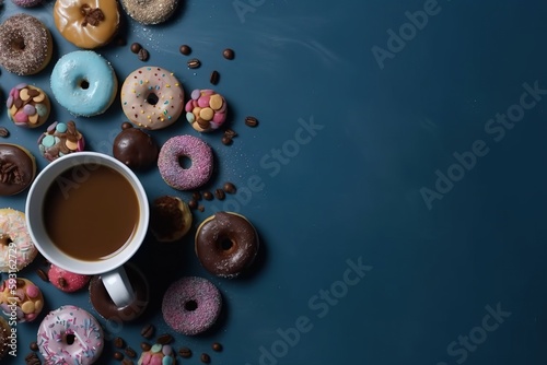  a cup of coffee surrounded by donuts on a blue surface with sprinkles on the surface and on the table is a blue background with a lot of sprinkles of donuts.  generative ai