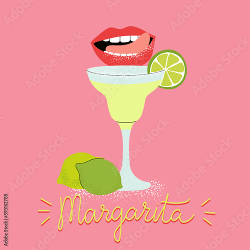 Vector illustration with Margarita cocktail, lime and lips. Design for print, poster, menu. 