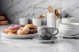  a plate of doughnuts and a cup of coffee on a marble counter top with gold spoons and forks and a marble wall behind it.  generative ai