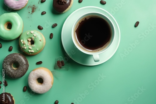  a cup of coffee and some donuts on a green surface with chocolate chips and sprinkles on the side of the cup. generative ai