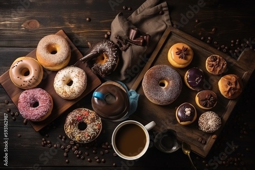  a wooden tray topped with donuts and a cup of coffee next to a bag of beans and a bag of chocolate chips and a bag of coffee.  generative ai