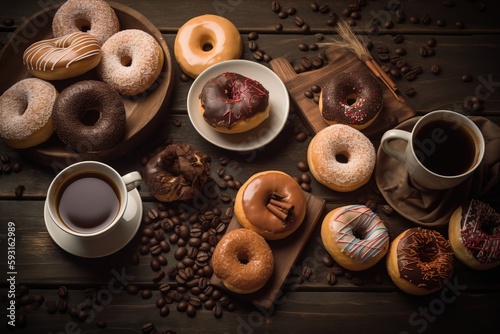  a variety of donuts and coffee on a wooden table with coffee beans and a bag of coffee on the side of the table is a wooden tray. generative ai