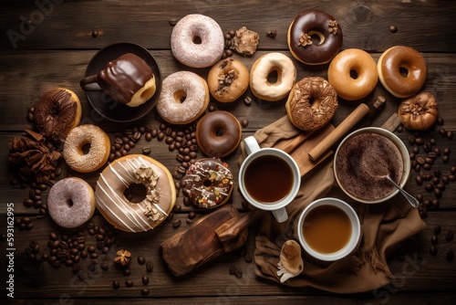  a variety of donuts and coffee on a wooden table with coffee beans and cinnamon sticks on the side of the donut and a cup of coffee on the side.  generative ai