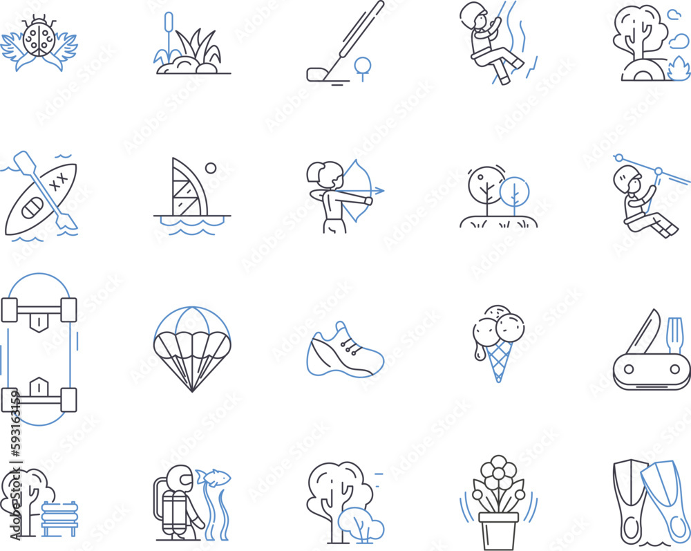 Summer holidays outline icons collection. Sun, Vacation, Heat, Enjoyment, Coconut, Swimming, Sea vector and illustration concept set. Picnic, Camping, Friends linear signs