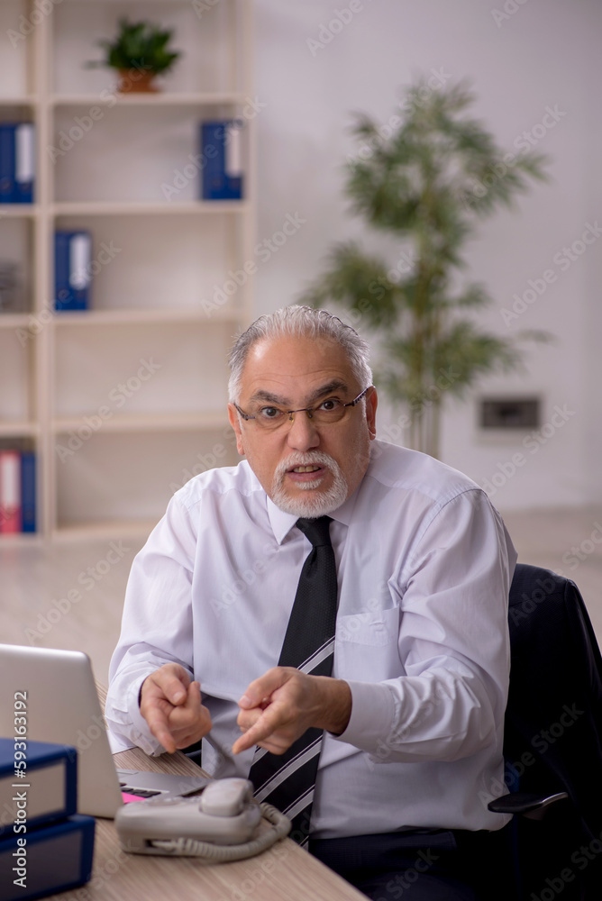 Old male employee working in the office Old male employee working in the office