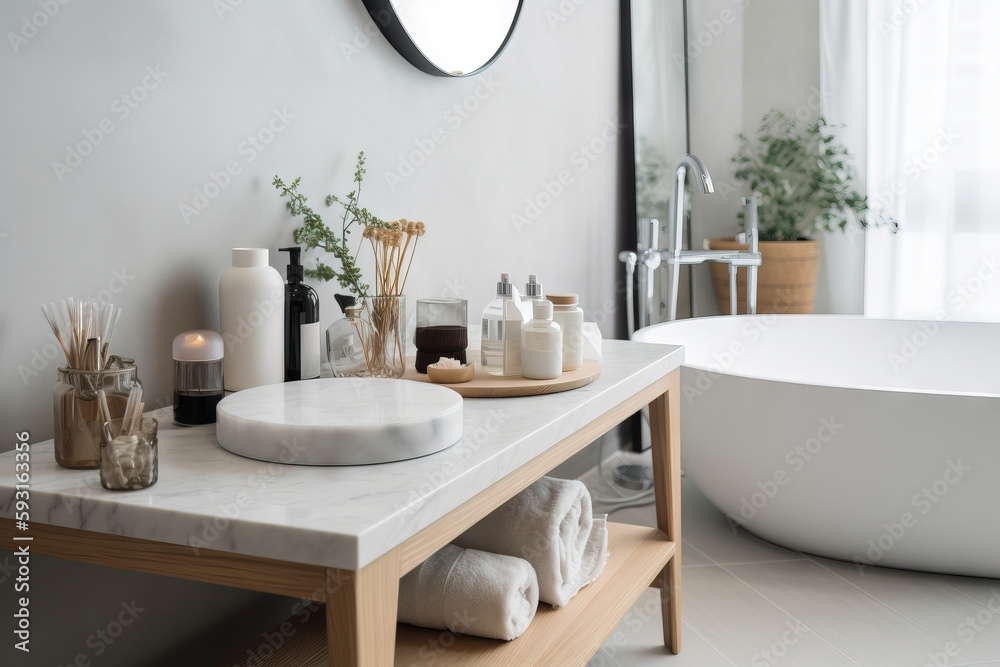 a bathroom with a marble counter top and a white bathtub in the background with candles on the side of the counter and a round mirror above it. generative ai a bathroom with a marble counter top and a white bathtub in the background with candles on the side of the counter and a round mirror above it. generative ai