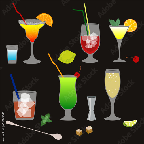 Set with different cocktails and alcoholic beverages. Drinks in different types of glasses for party menu, clubs and bars. Vector full-color illustration on black background