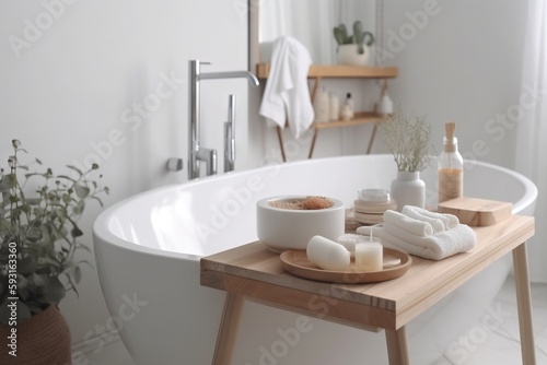  a white bath tub with a wooden tray with soaps and a bottle of lotion next to it and a potted plant on the side.  generative ai