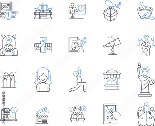 Travel agency outline icons collection. Travel, Agency, Tour, Vacation, Trip, Holiday, Explore vector and illustration concept set. Sightseeing, Package, Leisure linear signs