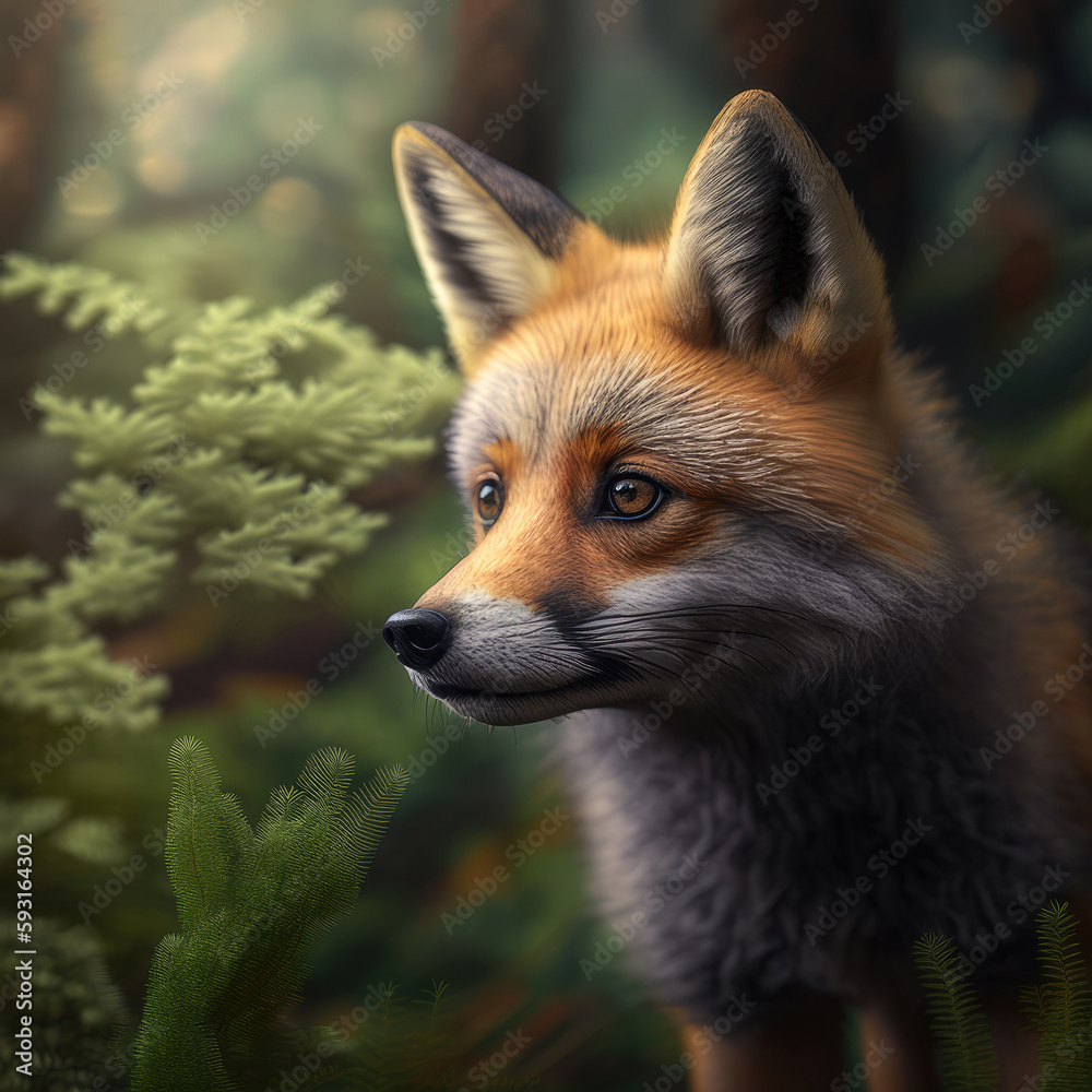 Fototapeta premium Close-up of red fox, blurry forest background, Generative AI