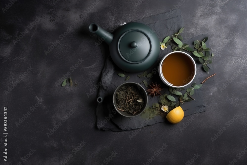  a tea pot and a cup of tea on a slate surface with leaves and lemons on the side of the tea pot and a tea bag.  generative ai