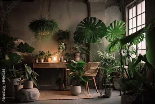  a room filled with lots of plants and a table with a light on it next to a window and a chair in front of it. generative ai