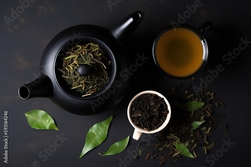  a cup of green tea next to a teapot and a cup of tea with leaves on a black surface with a shadow of leaves. generative ai