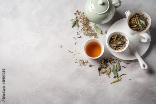  a cup of tea next to a tea pot and a cup of tea on a plate with a spoon and a cup of tea on a plate. generative ai