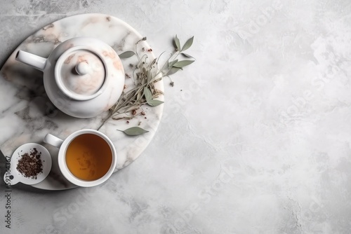  two cups of tea on a marble plate with a tea pot and a cup of tea next to it on a marble surface with leaves. generative ai