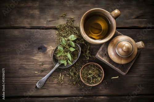  a cup of tea and a spoon on a wooden table next to a bowl of green tea and a spoon with a leaf on it. generative ai