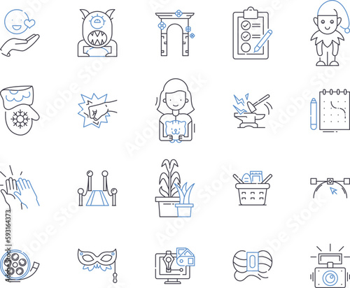 performance art outline icons collection. Performance  Art  Theatre  Dance  Music  Visual  Installation vector and illustration concept set. Activism  Poetry  Puppetry linear signs