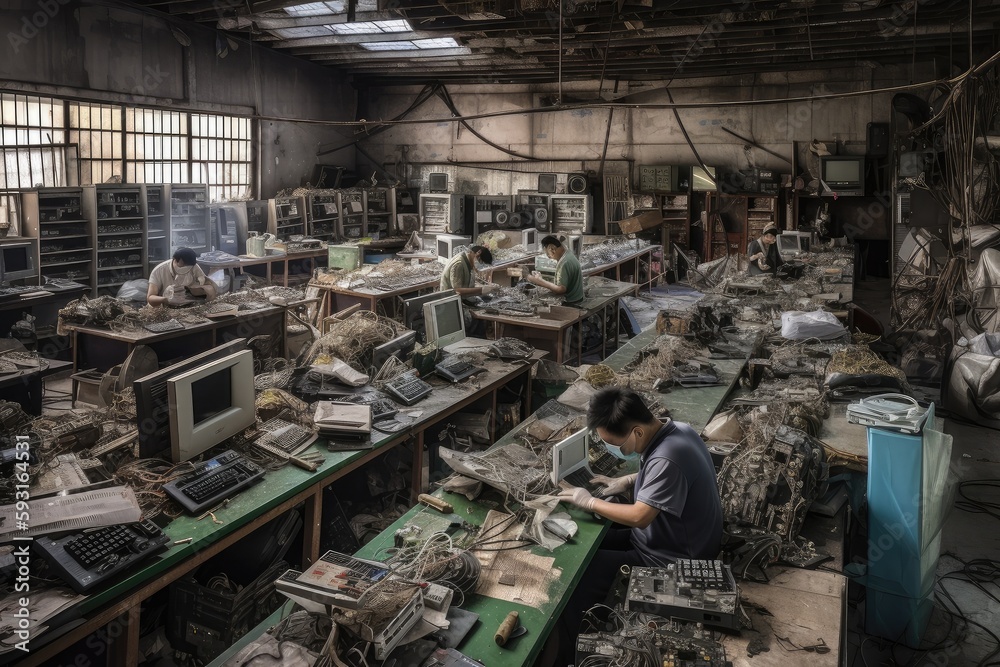 e-waste recycling center, with workers sorting through piles of old ...