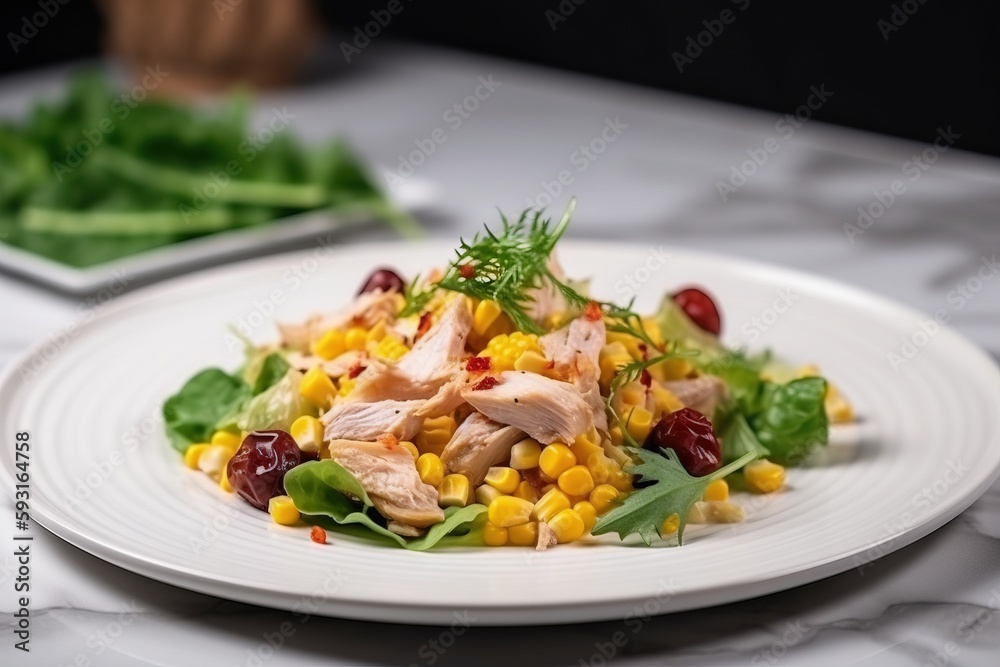  a white plate topped with a salad covered in meat and veggies next to another plate of vegetables and a fork on a table.  generative ai