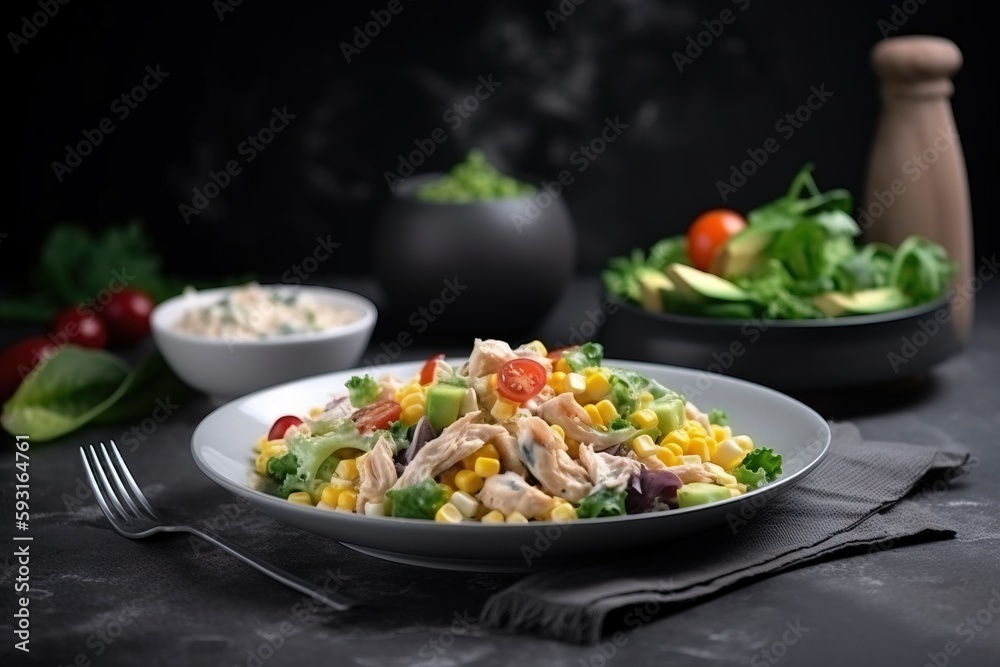 a plate of salad with a fork and a bowl of salad in the background on a black tablecloth with a spoon and a bowl of salad in the foreground. generative ai a plate of salad with a fork and a bowl of salad in the background on a black tablecloth with a spoon and a bowl of salad in the foreground. generative ai