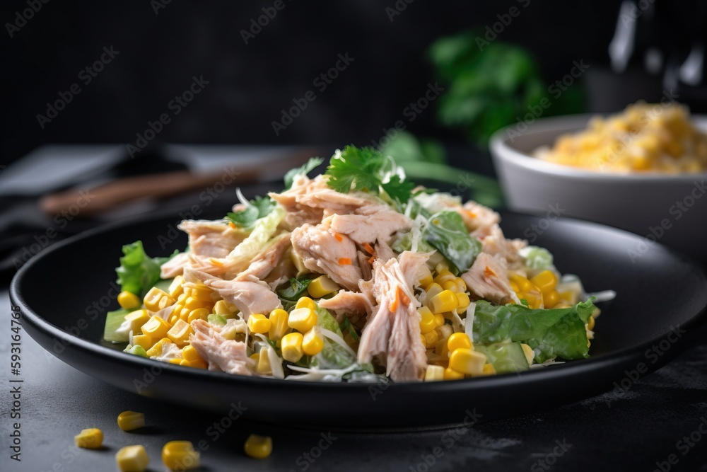 a black plate topped with a salad covered in chicken and corn next to a bowl of corn and a fork on a black tablecloth. generative ai a black plate topped with a salad covered in chicken and corn next to a bowl of corn and a fork on a black tablecloth. generative ai