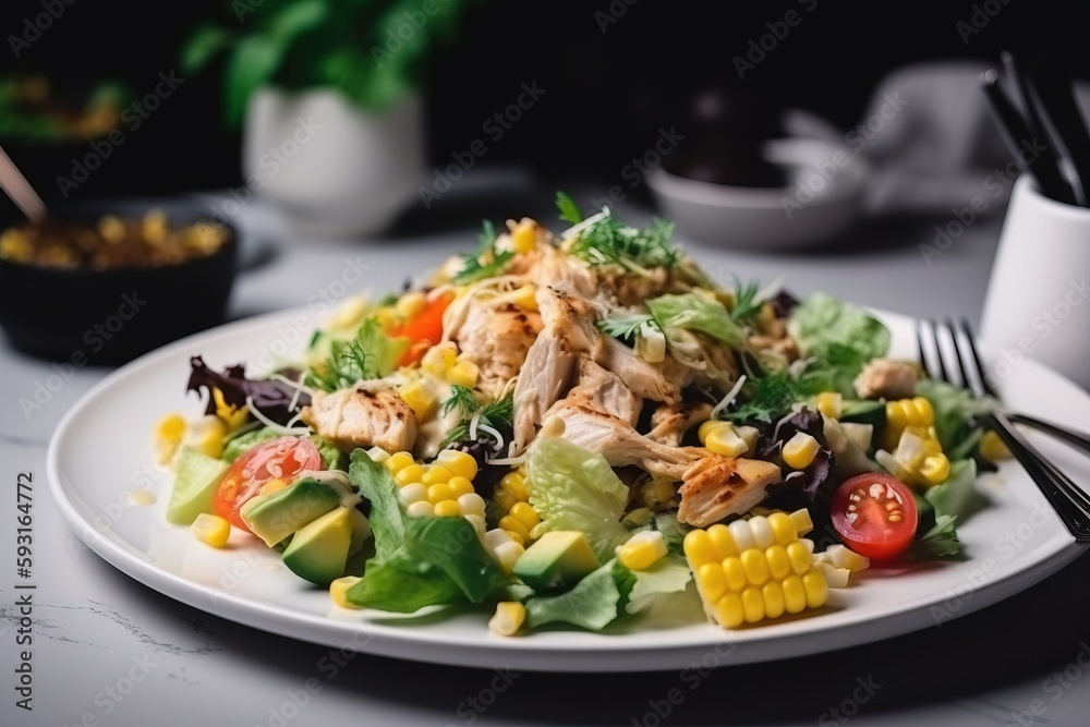  a white plate topped with a salad covered in chicken and veggies next to a fork and a bowl of salad on a table.  generative ai