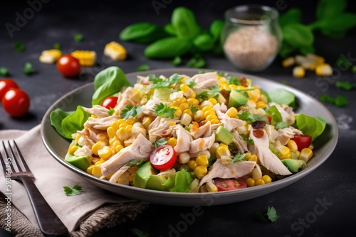  a salad with chicken, tomatoes, lettuce, corn and tomatoes on a plate with a fork and a napkin on the side. generative ai
