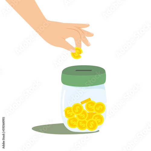 Hand putting coin to jar,  Saving and investing money concept.