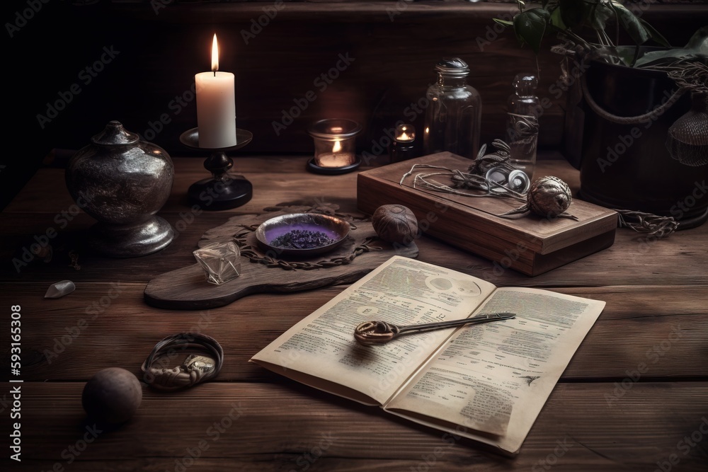 a table topped with a book and a magnifying glass next to a candle and some other items on top of a wooden table.  generative ai