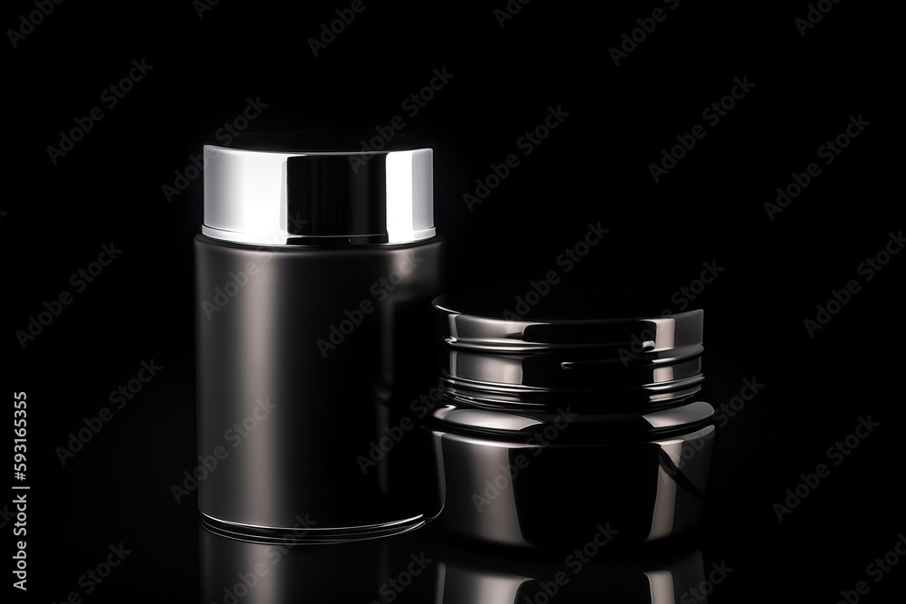a black bottle with a silver lid and a black container with a silver lid on a black surface with a reflection of the bottle on the floor. generative ai a black bottle with a silver lid and a black container with a silver lid on a black surface with a reflection of the bottle on the floor. generative ai
