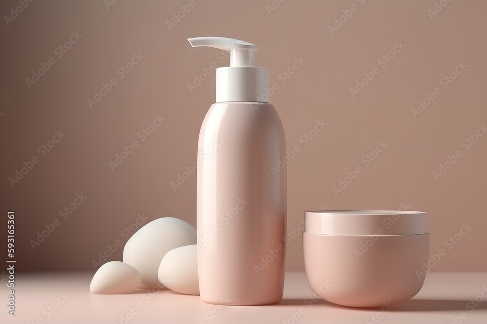 a bottle of lotion next to a container of soap and a bowl of eggs on a table with a brown background and a light pink wall. generative ai a bottle of lotion next to a container of soap and a bowl of eggs on a table with a brown background and a light pink wall. generative ai