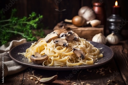  a plate of pasta with mushrooms and parsley on a wooden table next to garlic, garlic, and parsley on a wooden table. generative ai